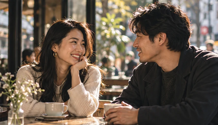 Two adults enjoying a conversation over coffee