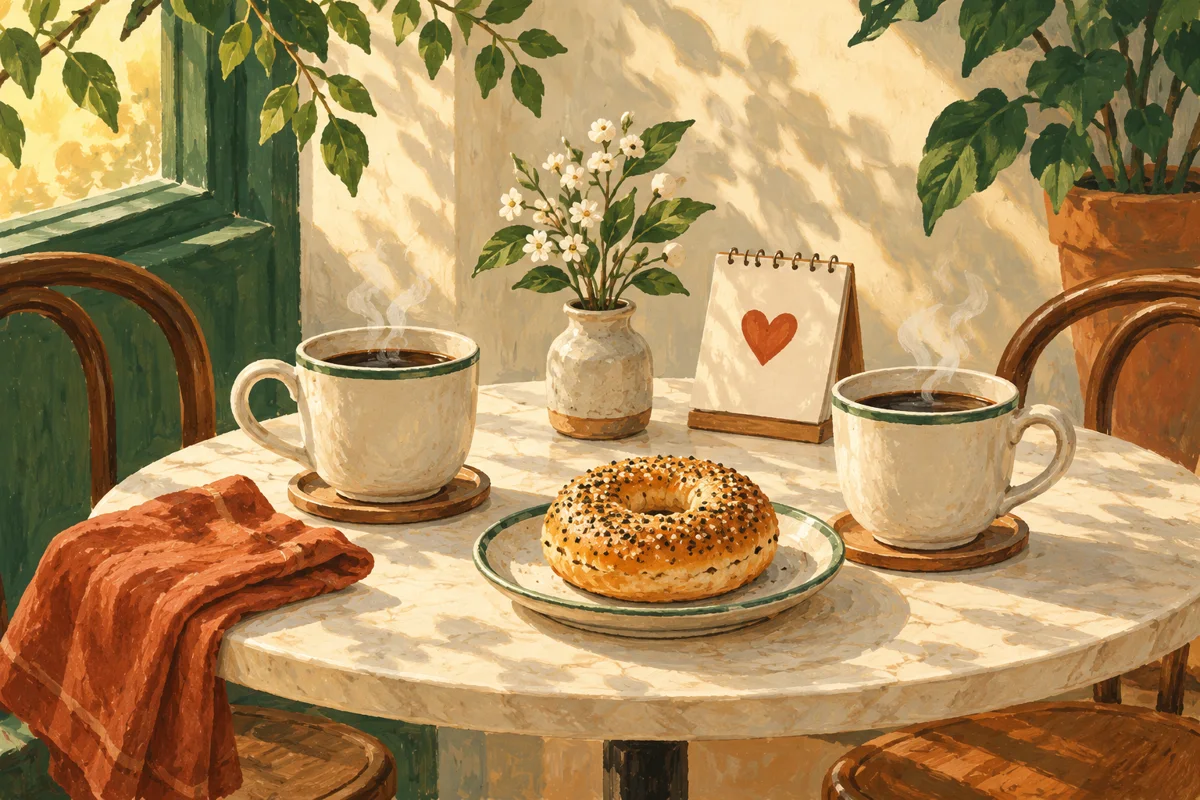 Illustration of two coffee cups and a small calendar with a heart