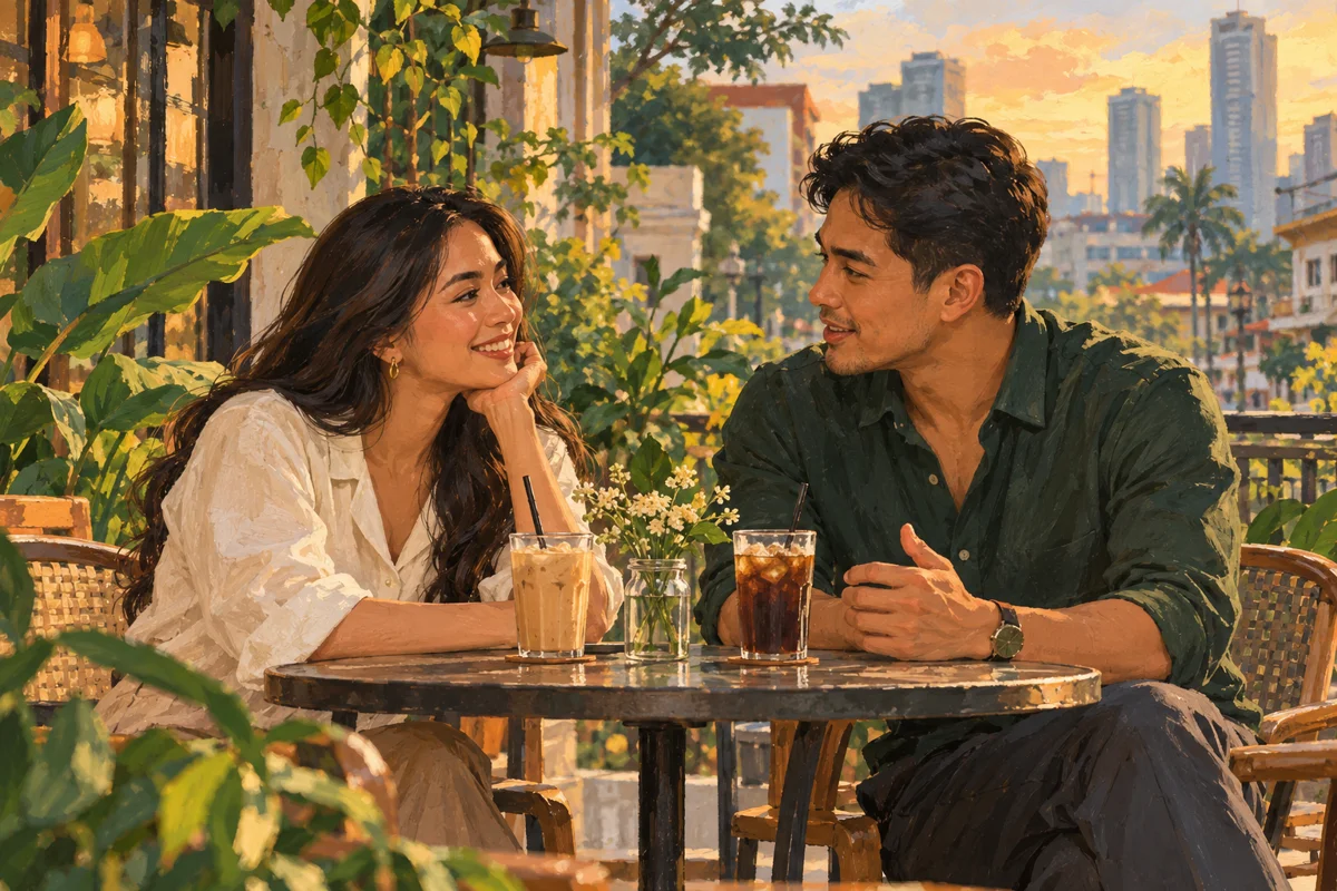 Illustration of two adults talking at an outdoor Manila cafe