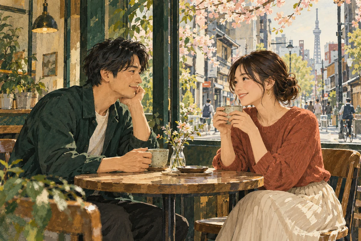 Illustration of two adults sharing tea at a Tokyo cafe